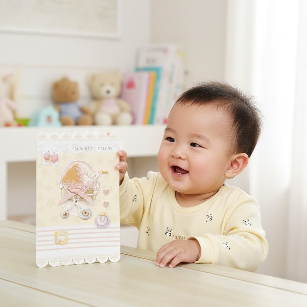 GC New Born Baby Yellow Pram 14x21cm Greeting Card