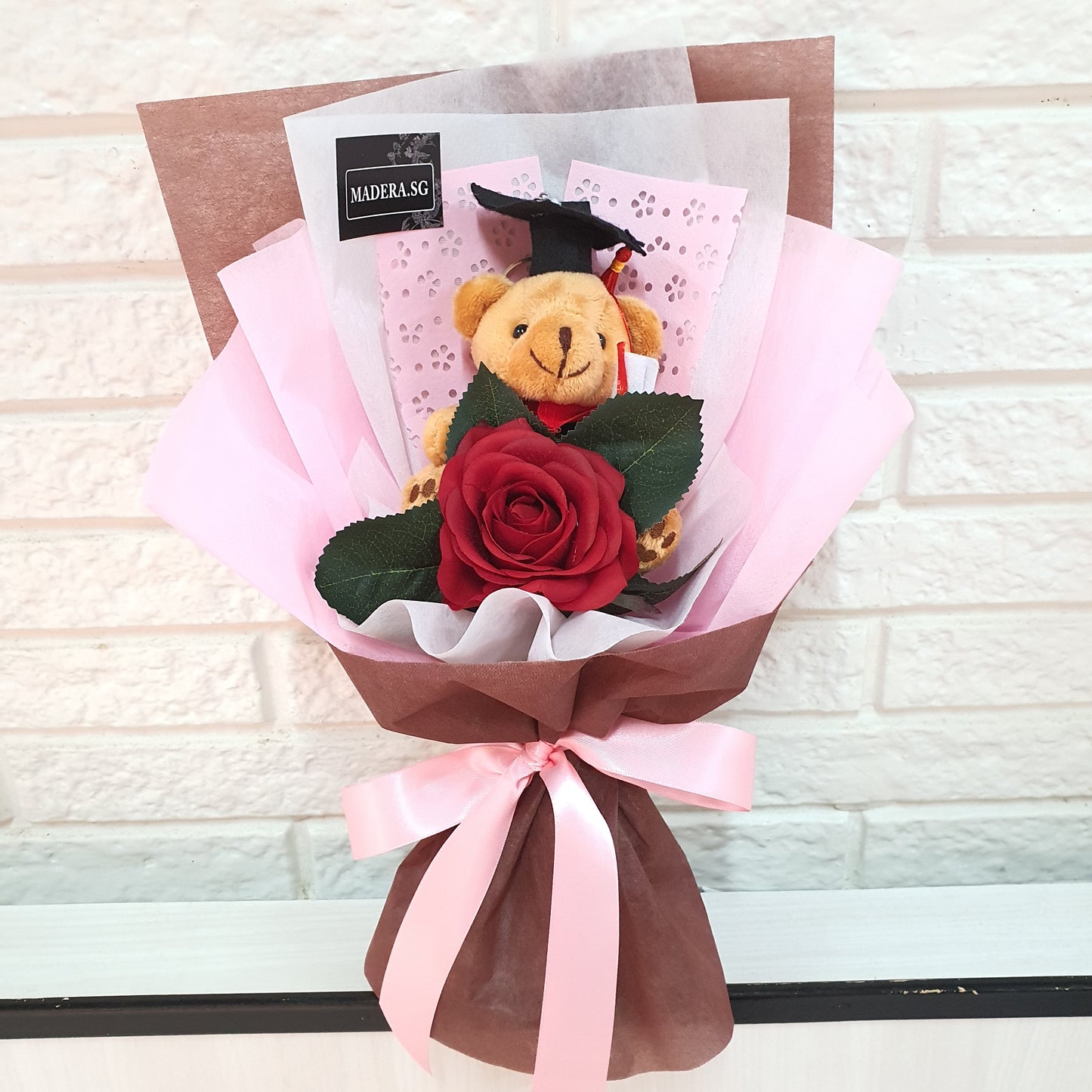 Little Brown Graduation Bear Hug RED Artificial Rose Bouquet