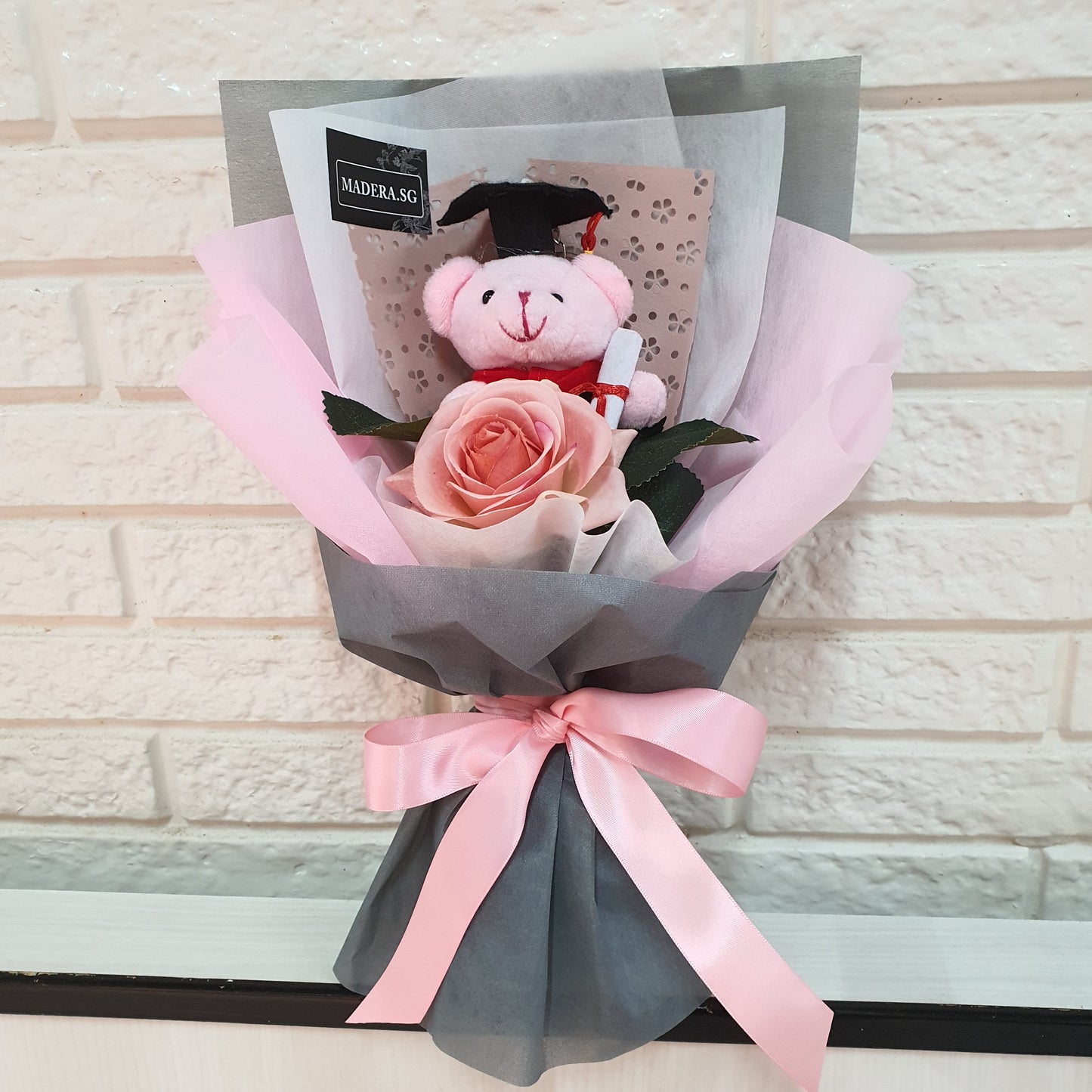 Little Pink Graduation Bear Hug PINK Artificial Rose Bouquet
