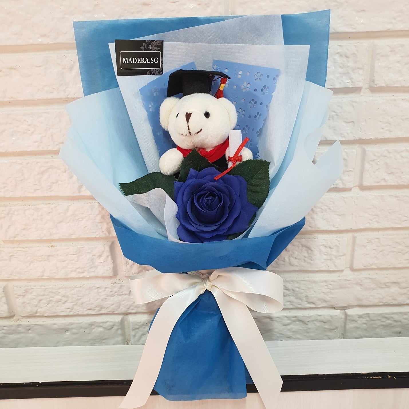 Little White Graduation Bear Hug BLUE Artificial Rose Bouquet