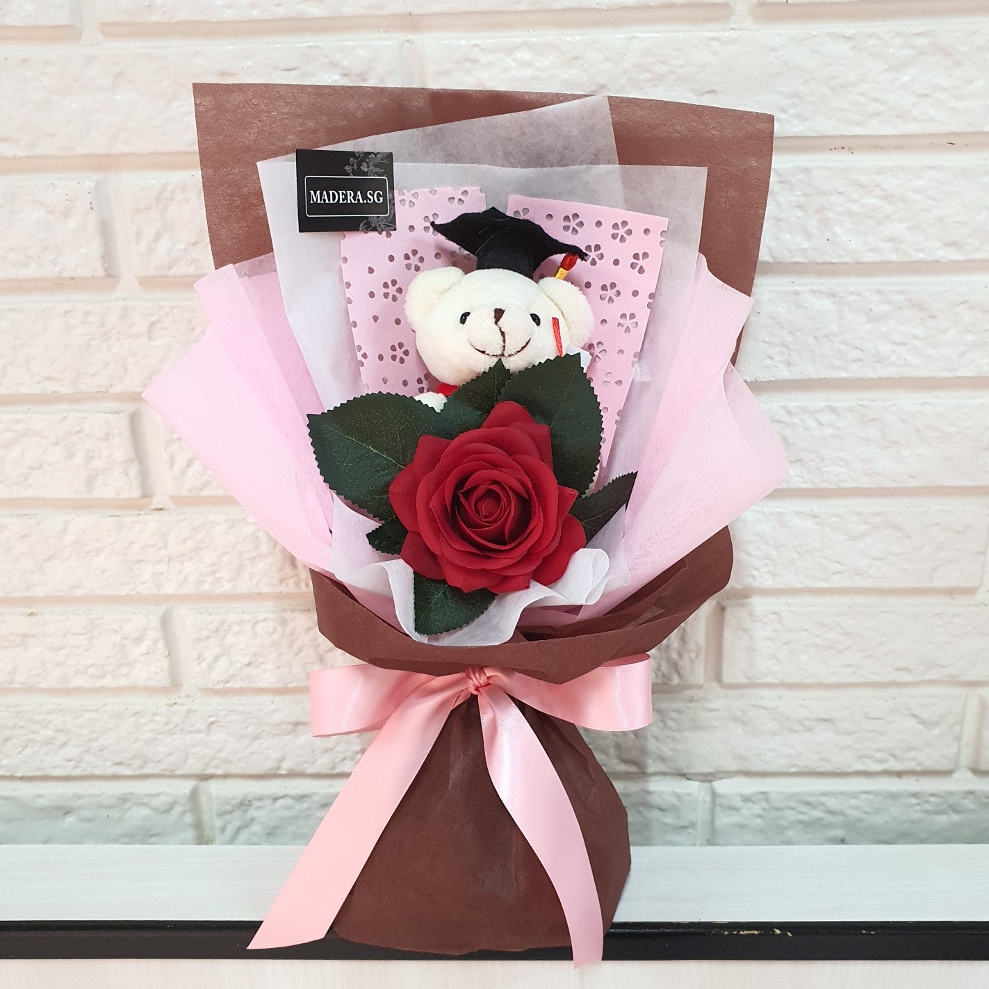 Little White Graduation Bear Hug Red Artificial Rose Bouquet
