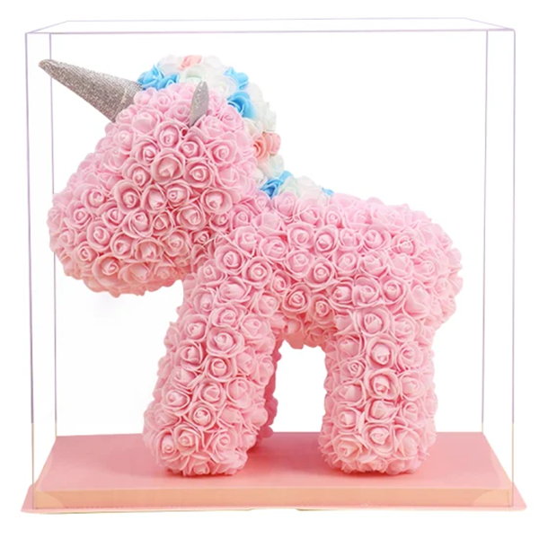 Rose Unicorn 40cm Pink with Rainbow Top, w/ lights & Transparent Box