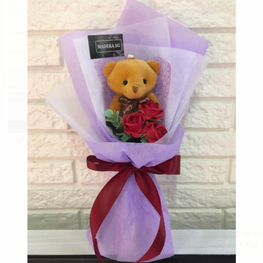 Madera SG Soft Toy Artificial Red Rose Bouquet Brown Bear