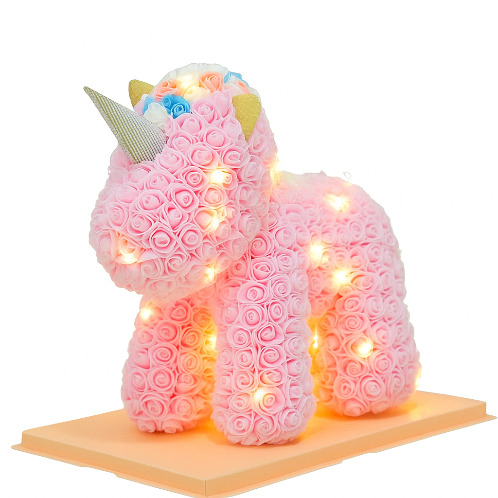 Rose Unicorn 40cm Pink with Rainbow Top, w/ lights & Transparent Box