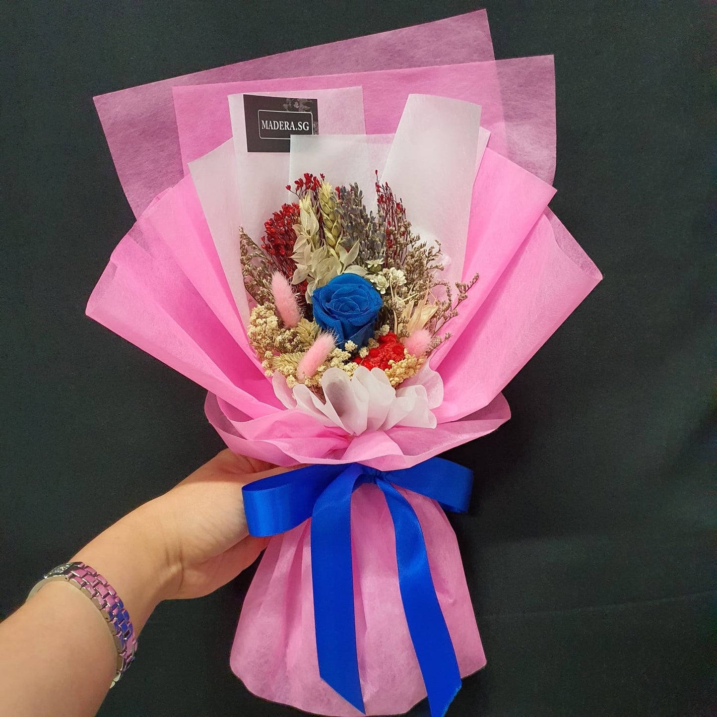 Preserved 1 Emerald Blue Rose Bouquet with Pink Tone Wrap