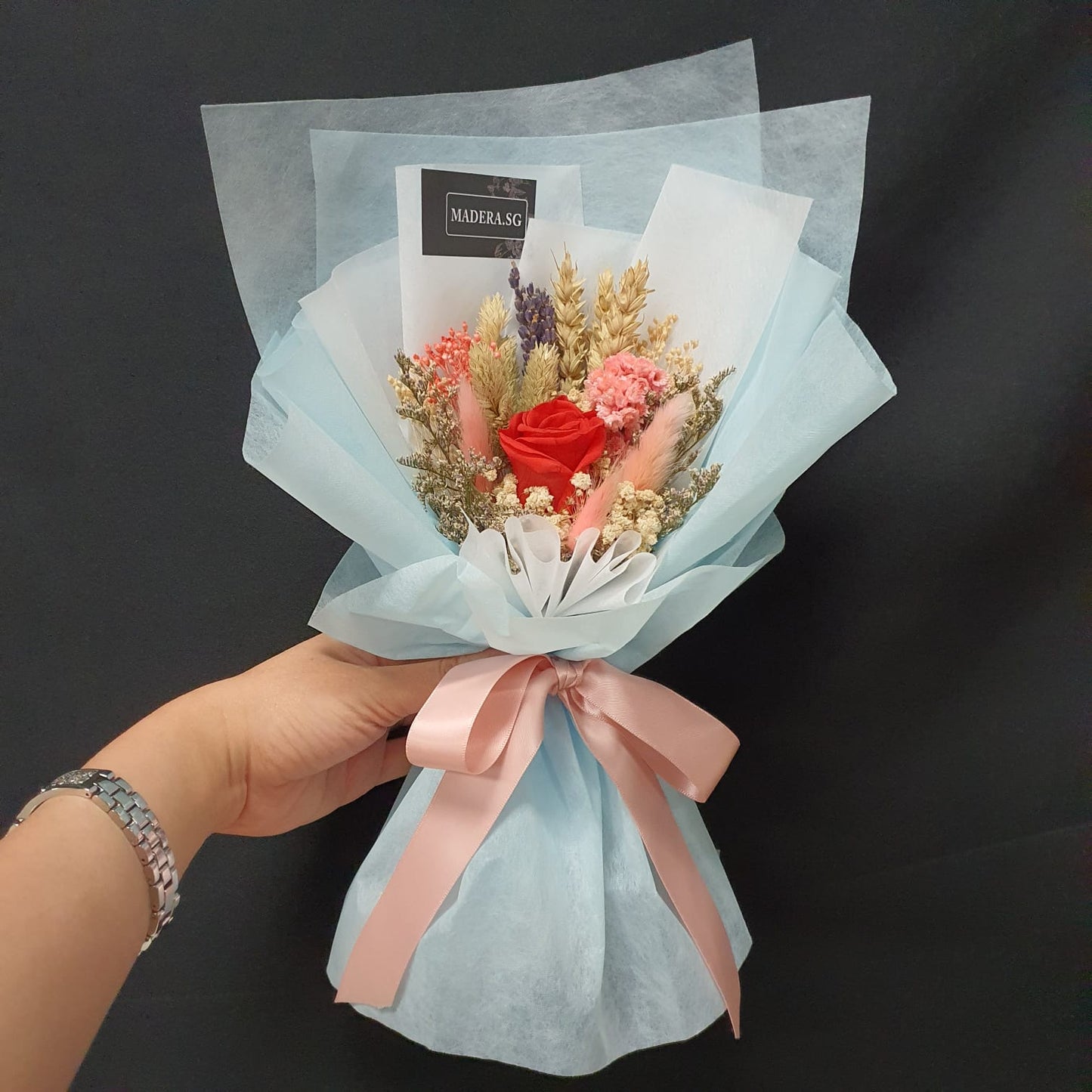 Preserved 1 Red Rose Bouquet with Blue Tone Wrap