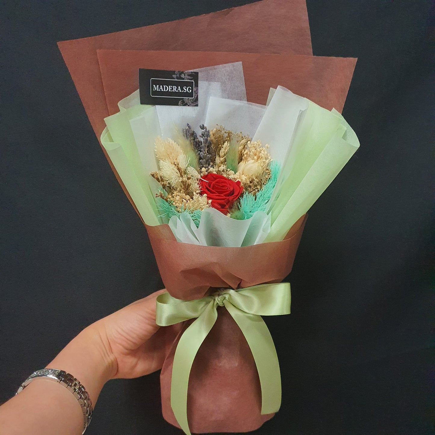 Preserved 1 Red Rose Bouquet with Brown Tone Wrap