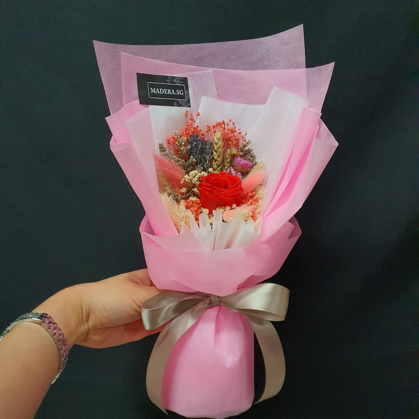 Preserved 1 Red Rose Bouquet with Pink Tone Wrap