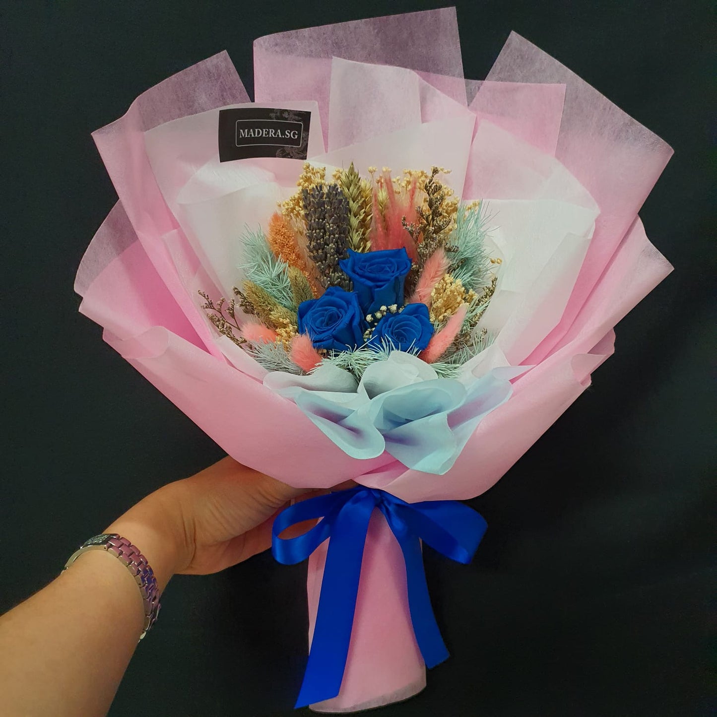 Preserved 3 Emerald Blue Roses Bouquet with Pink Tone Wrap