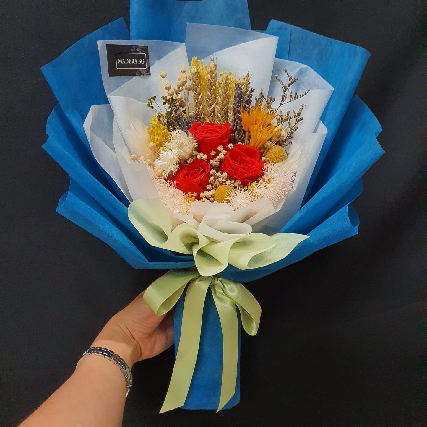 Preserved 3 Red Roses Bouquet with DK Blue Tone Wrap