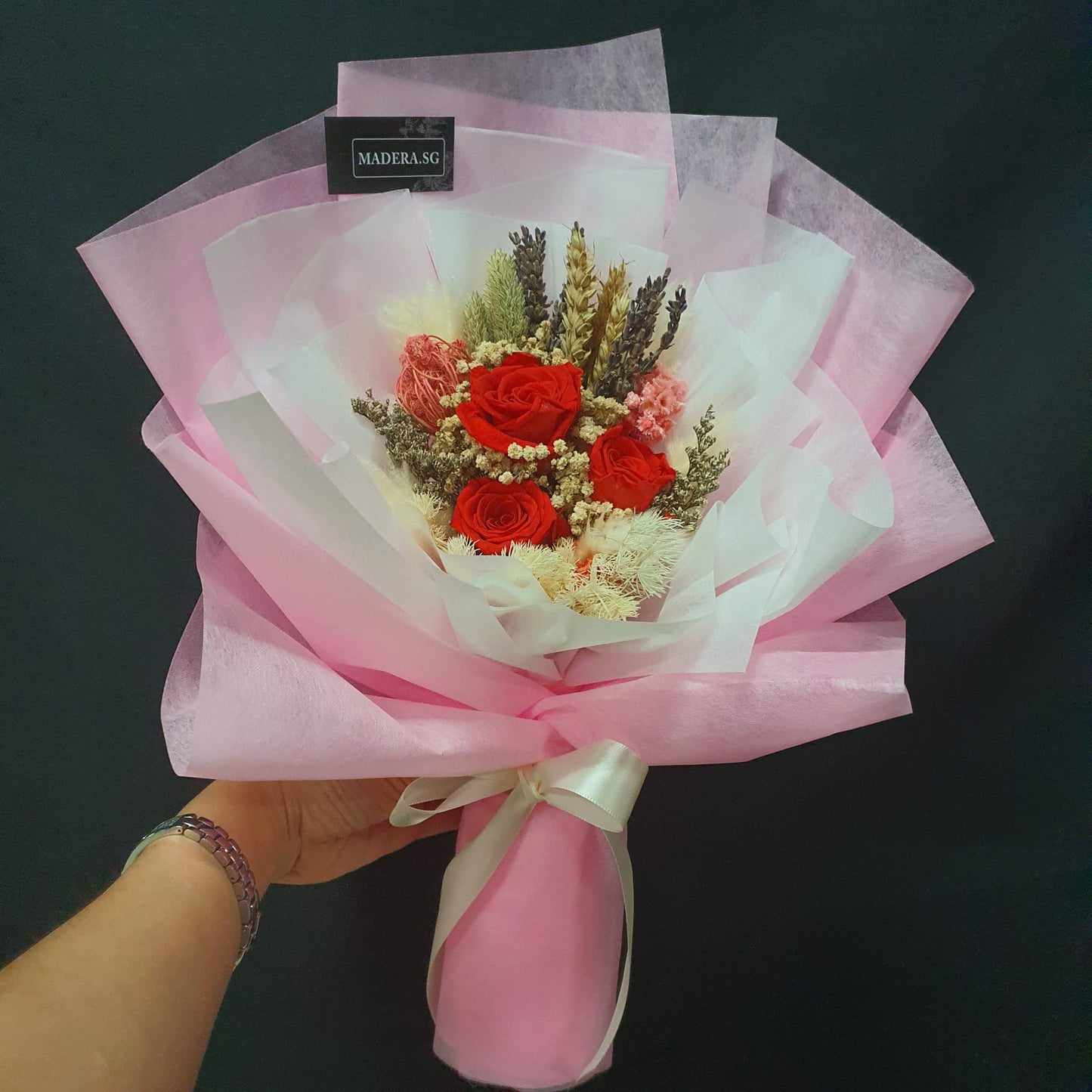 Preserved 3 Red Roses Bouquet with Pink Tone Wrap