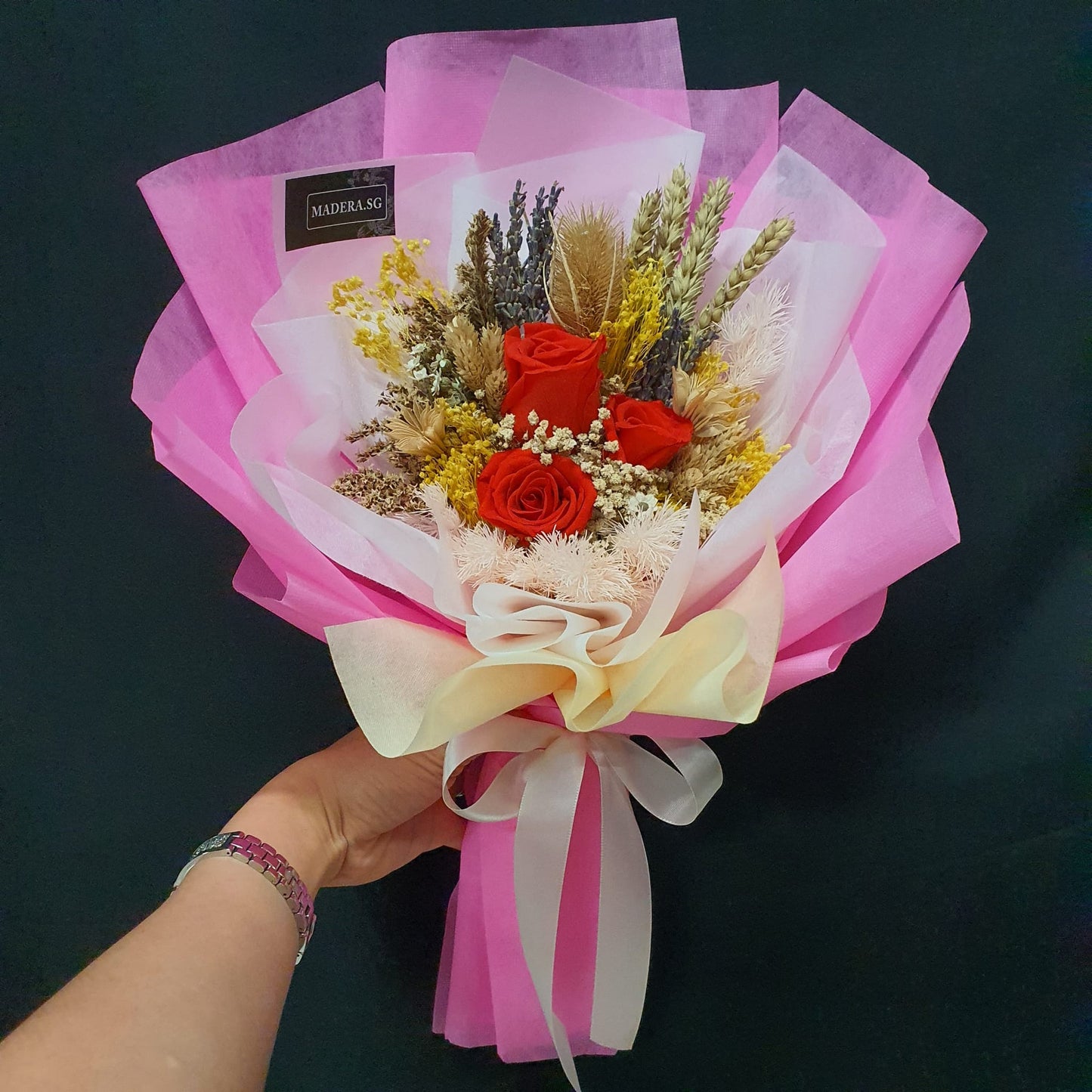 Preserved 3 Red Roses Bouquet with Pink Tone Wrap
