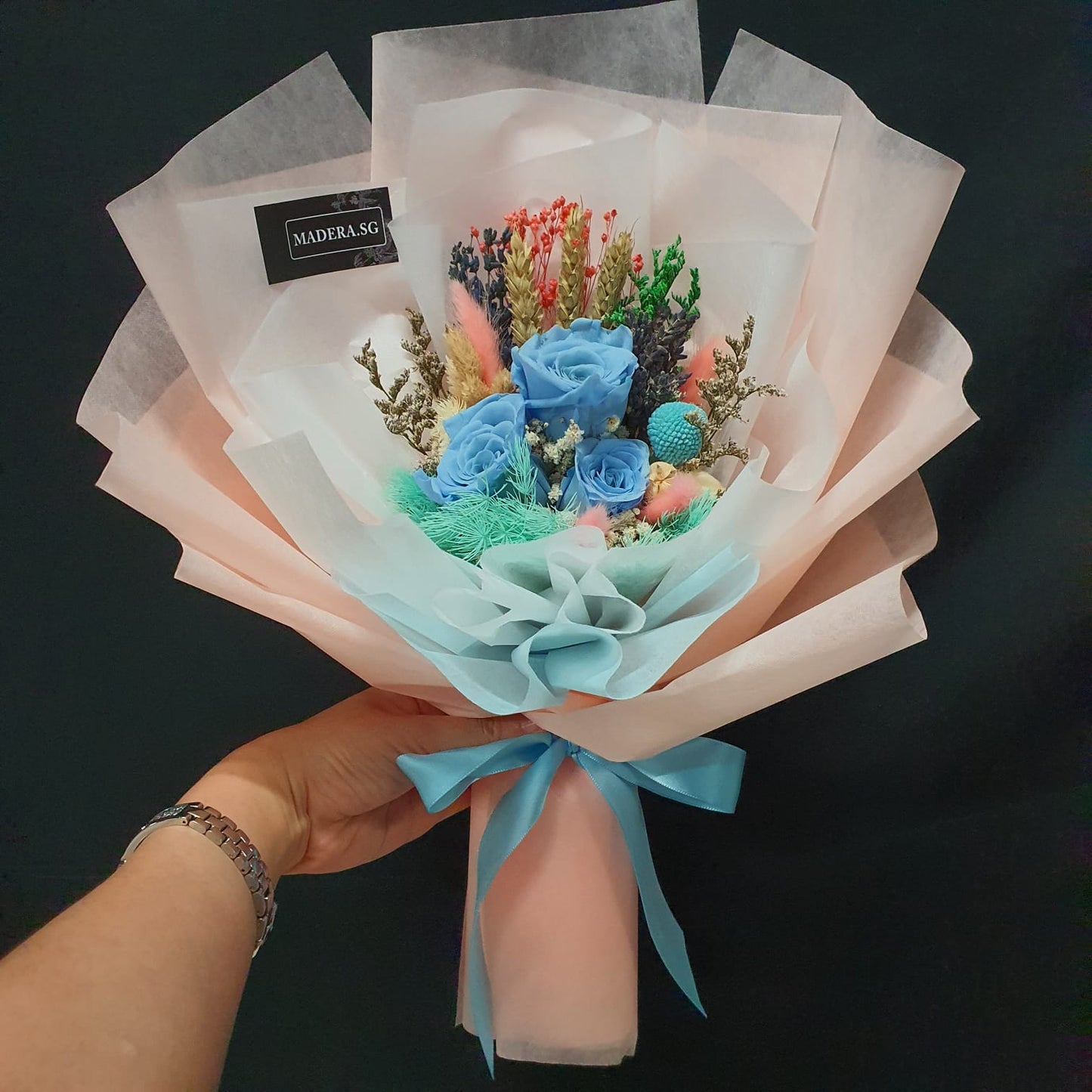 Preserved 3 SKY Blue Roses Bouquet with Pink Tone Wrap