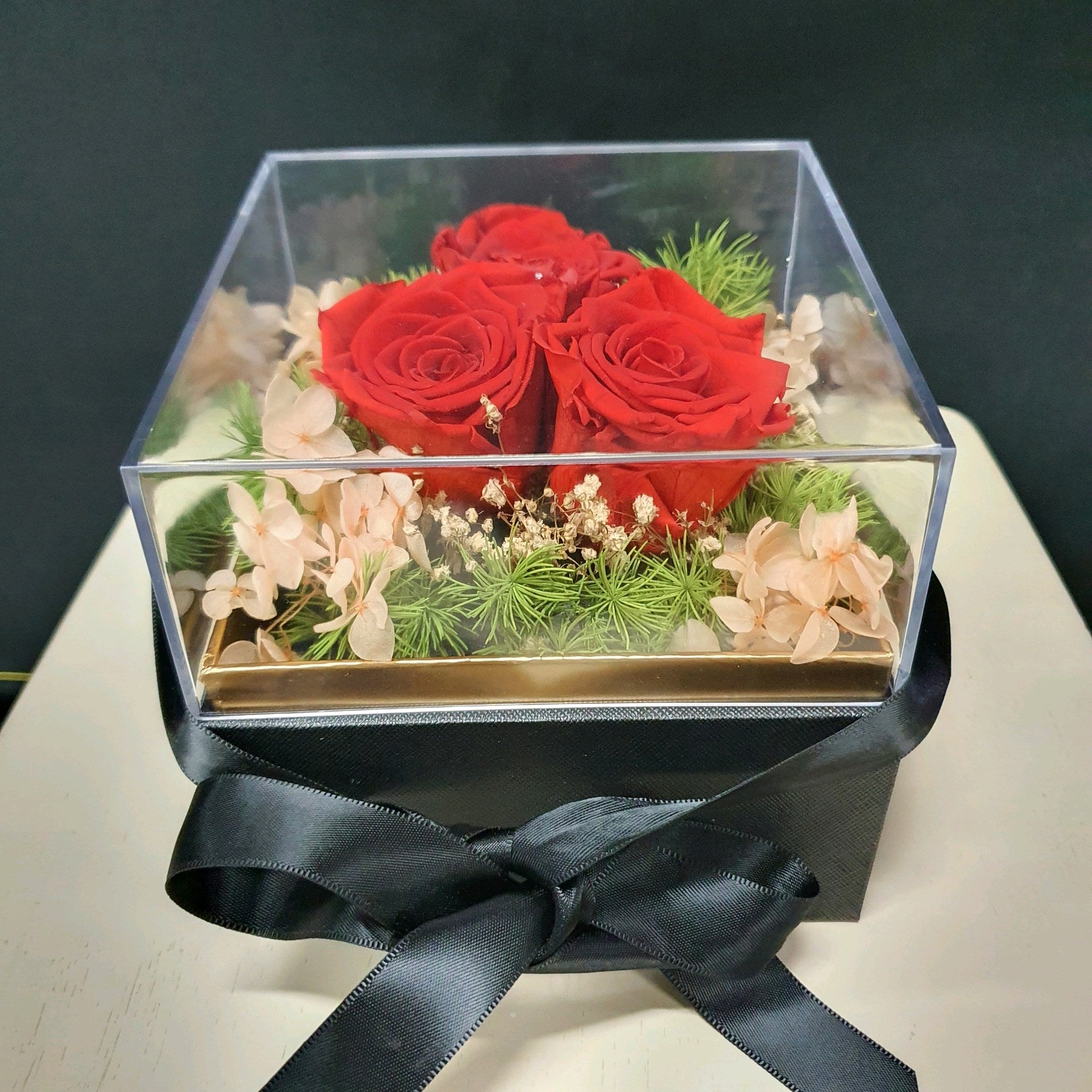 3 Roses Box 3 Preserved Red Roses in Sq. Acrylic Box (Various Box colors 13x13x12c ...