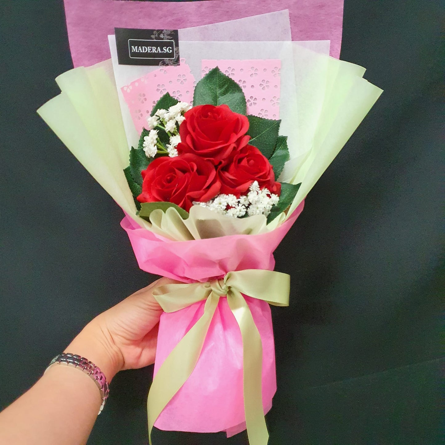 Artificial 3 Red Roses Bouquet Pink/Apple Green Wrap