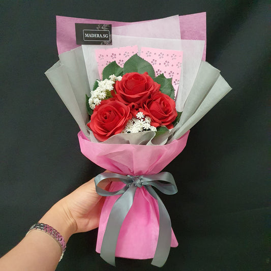 Artificial 3 Red Roses Bouquet Pink/Grey Wrap