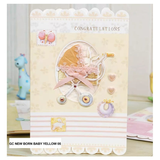 GC New Born Baby Yellow Pram 14x21cm Greeting Card