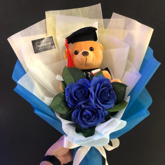 Graduation Bear Hug 3 Artificial Blue Roses Bouquet