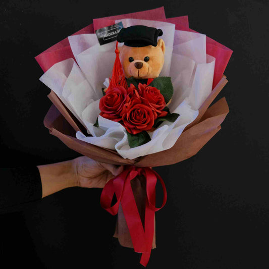 Graduation Bear Hug 3 Artificial RED Roses Bouquet