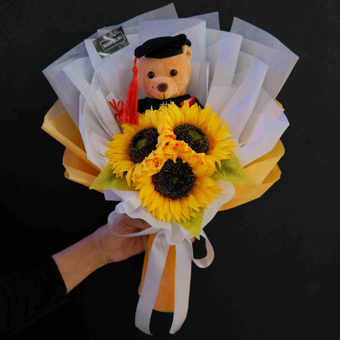 Graduation Bear Hug 3 Artificial Sunflowers Bouquet