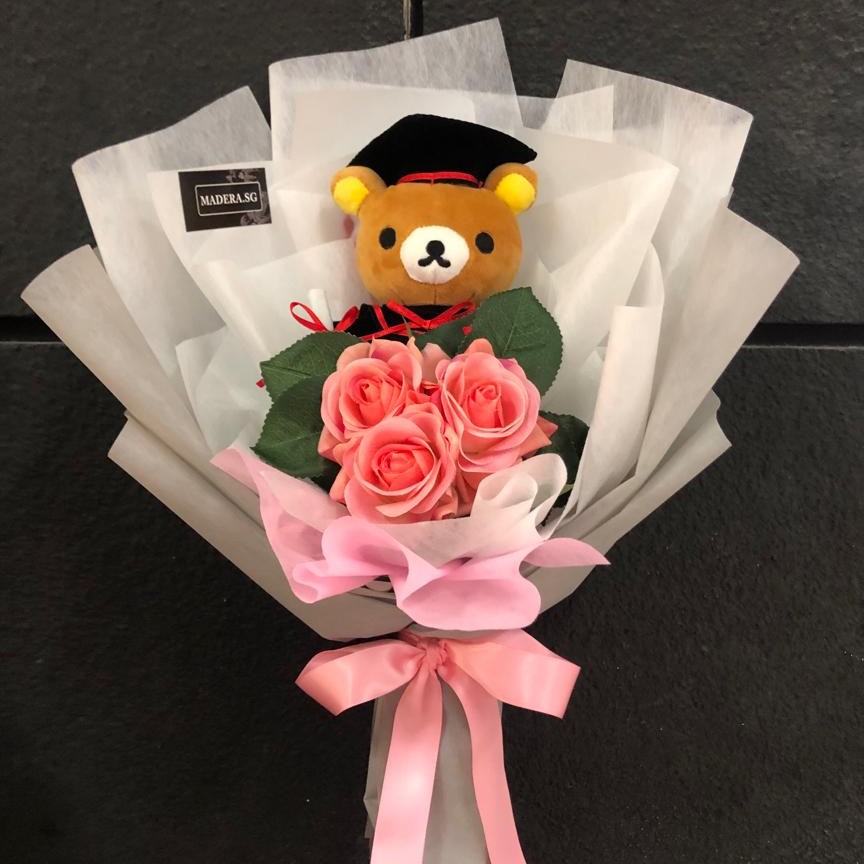 Graduation Rilakumma (16cm) Bear Hug 3 Artificial Pink Roses Bouquet