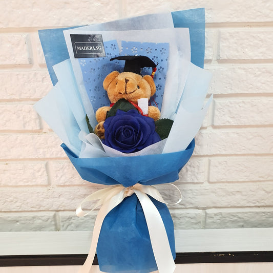 Little Brown Graduation Bear Hug BLUE Artificial Rose Bouquet