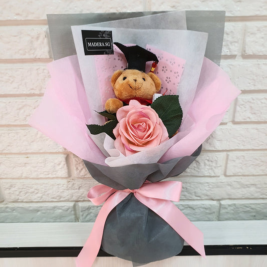 Little Brown Graduation Bear Hug PINK Artificial Rose Bouquet