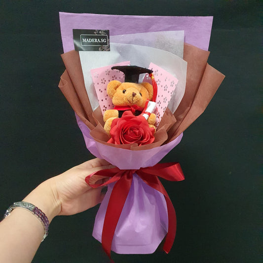 Little Graduation Brown Bear Hug Artificial Red Rose Bouquet