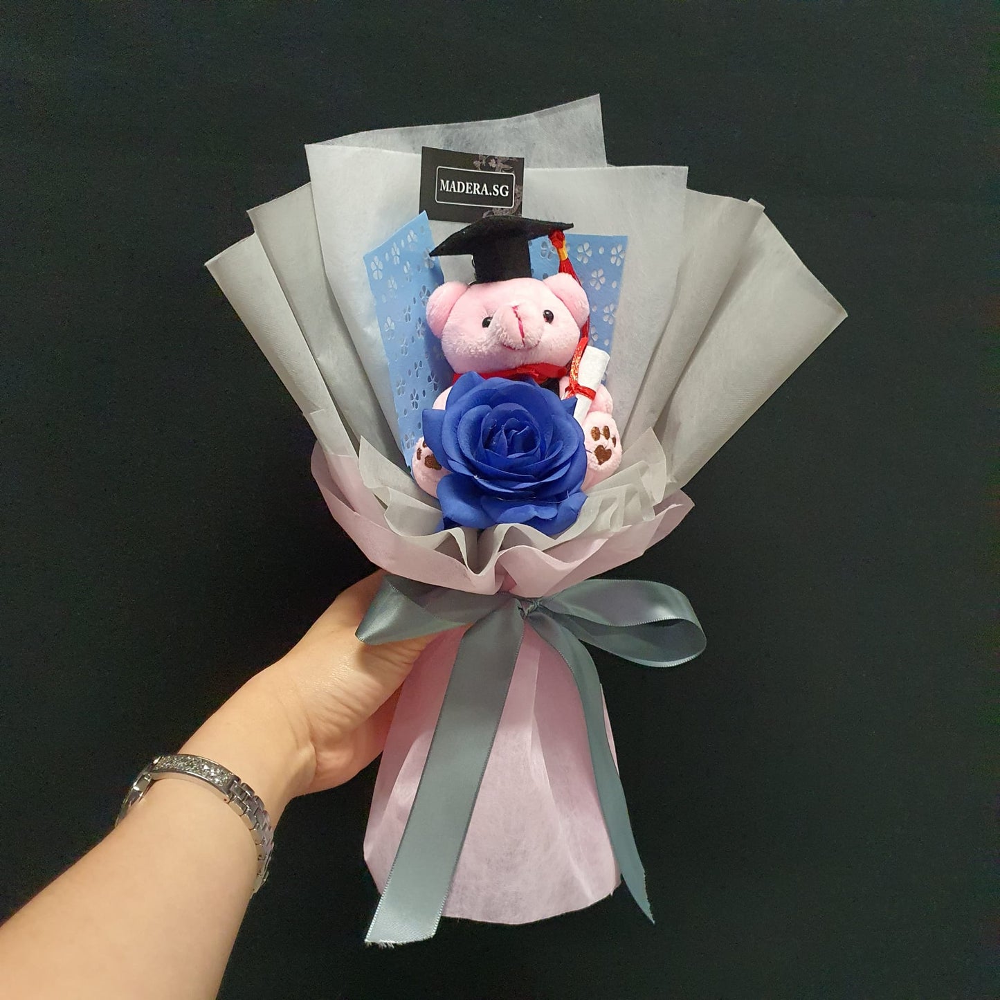 Little Graduation Pink Bear Hug Artificial Blue Rose