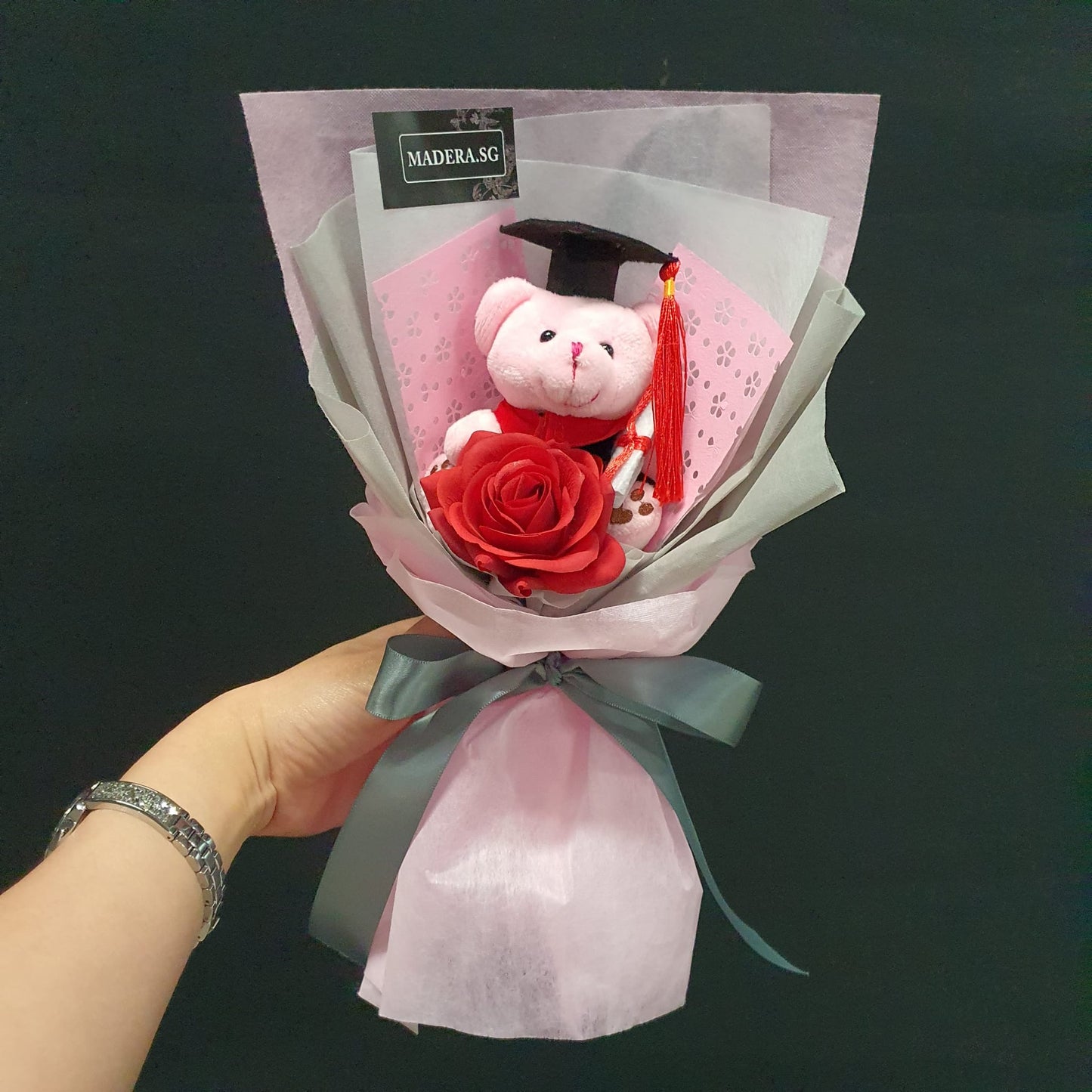 Little Graduation Pink Bear Hug Artificial Red Rose Bouquet