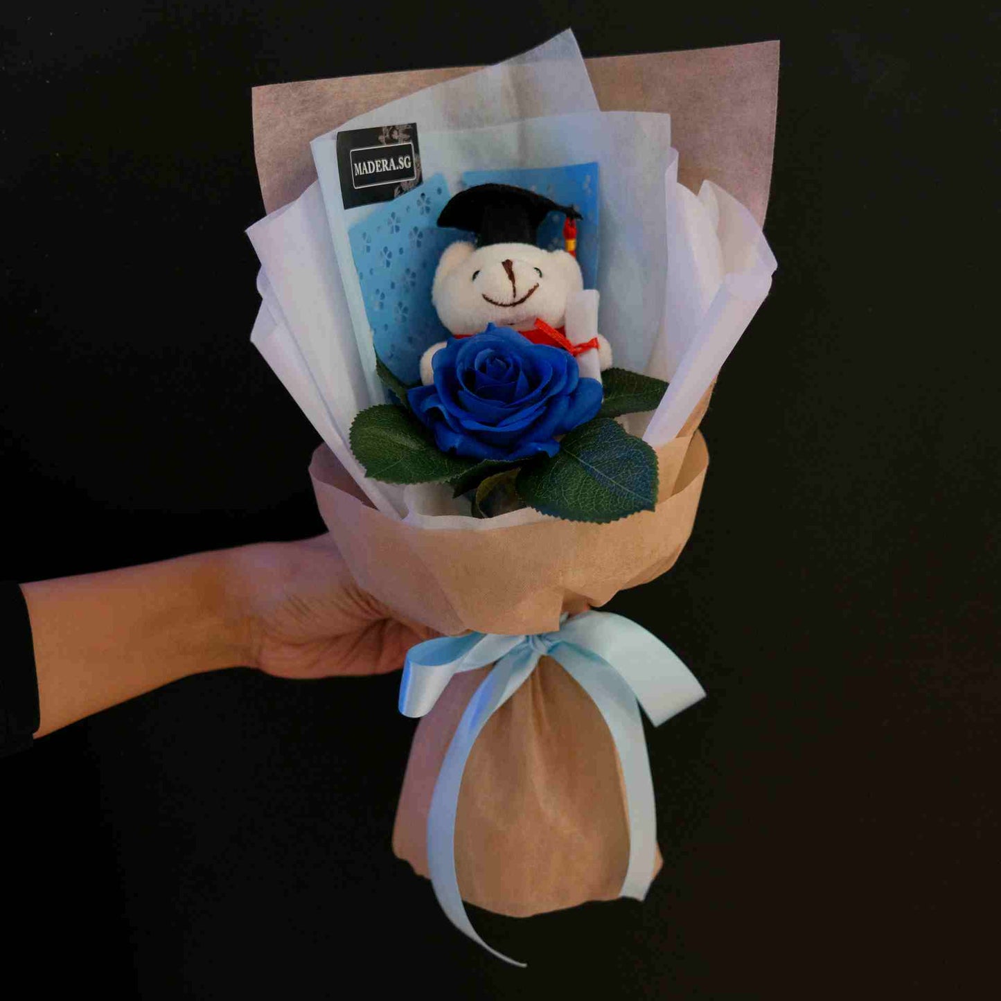 Little Graduation White Bear Hug Artificial Blue Rose