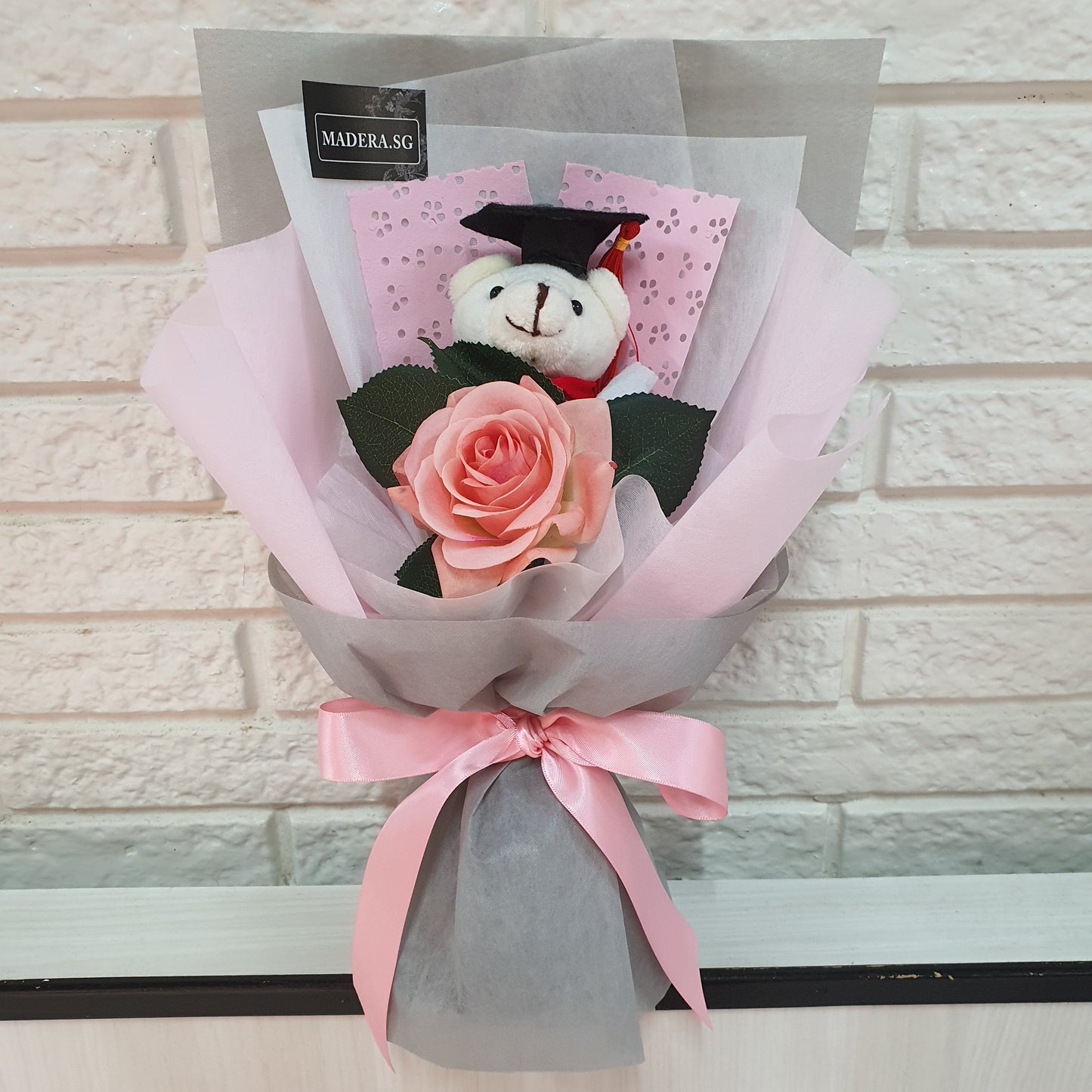Little White Graduation Bear Hug PINK Artificial Rose Bouquet