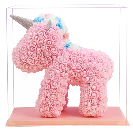 Rose Unicorn 40cm Pink with Rainbow Top, w/ lights & Transparent Box