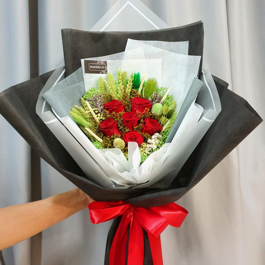 Madera SG Preserved 6 Head Red Rose Bouquet with black and white Tone Wrap