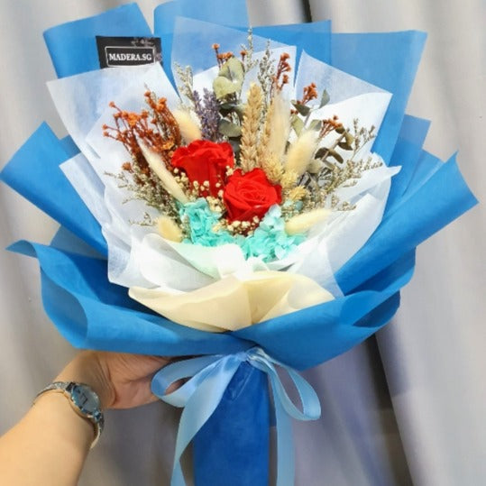 Madera SG Preserved Red Rose 2H with Dk Blue Wrapper Bouquet (Loving You Series)