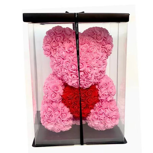 Rose Bear 40cm Pink with Red Heart w/ lights and transparent box.