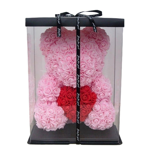 Rose Bear 29cm Pink with Red Heart w/ lights and transparent box.