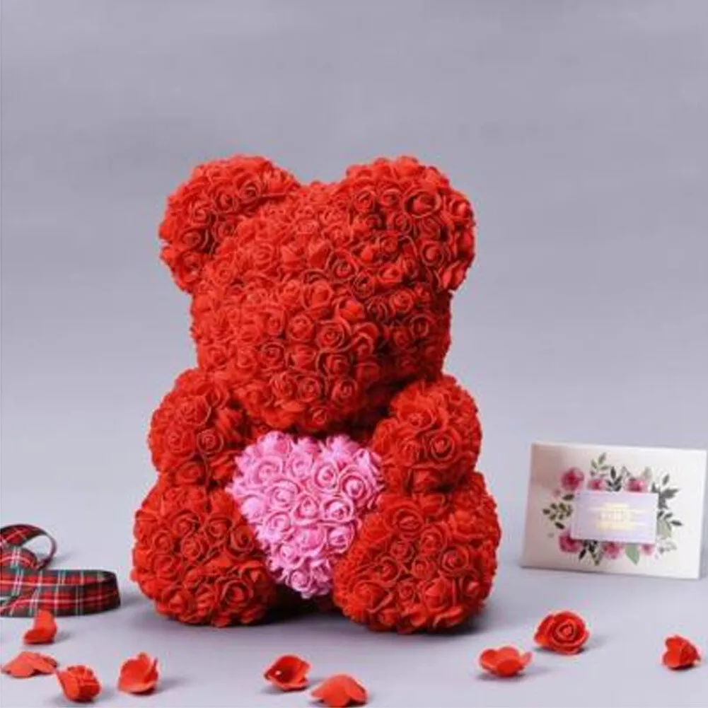 Rose Bear 40cm Red with Pink Heart w/ lights and transparent box.