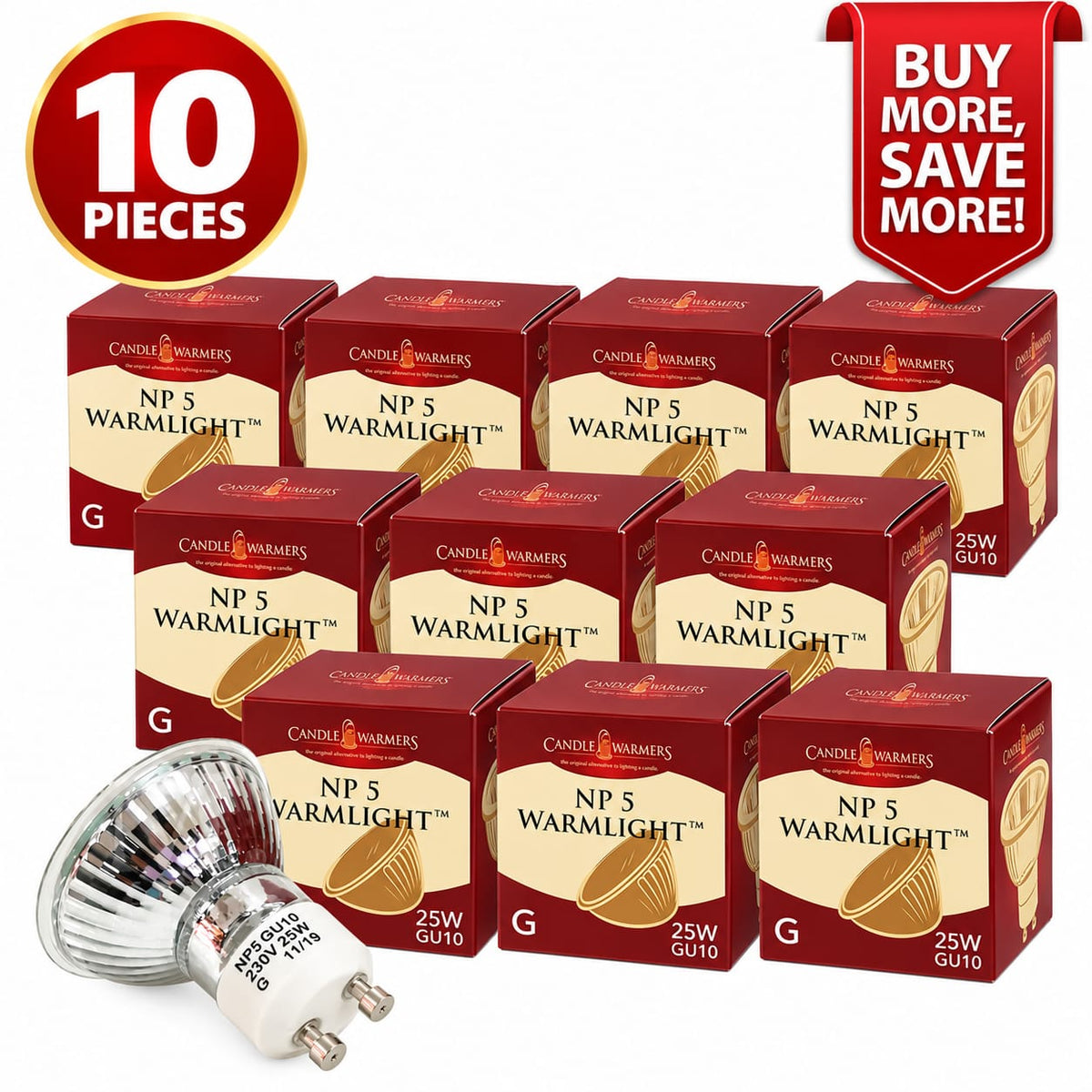 Ten pieces of Candle Warmeries NP 5 Warmlight G 25W GU10 LED replacement bulbs arranged on a white background, with one bulb shown in front and promotional badges reading '10 PIECES' and 'BUY MORE, SAVE MORE!'.