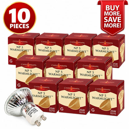 Ten pieces of Candle Warmeries NP 5 Warmlight G 25W GU10 LED replacement bulbs arranged on a white background, with one bulb shown in front and promotional badges reading '10 PIECES' and 'BUY MORE, SAVE MORE!'.