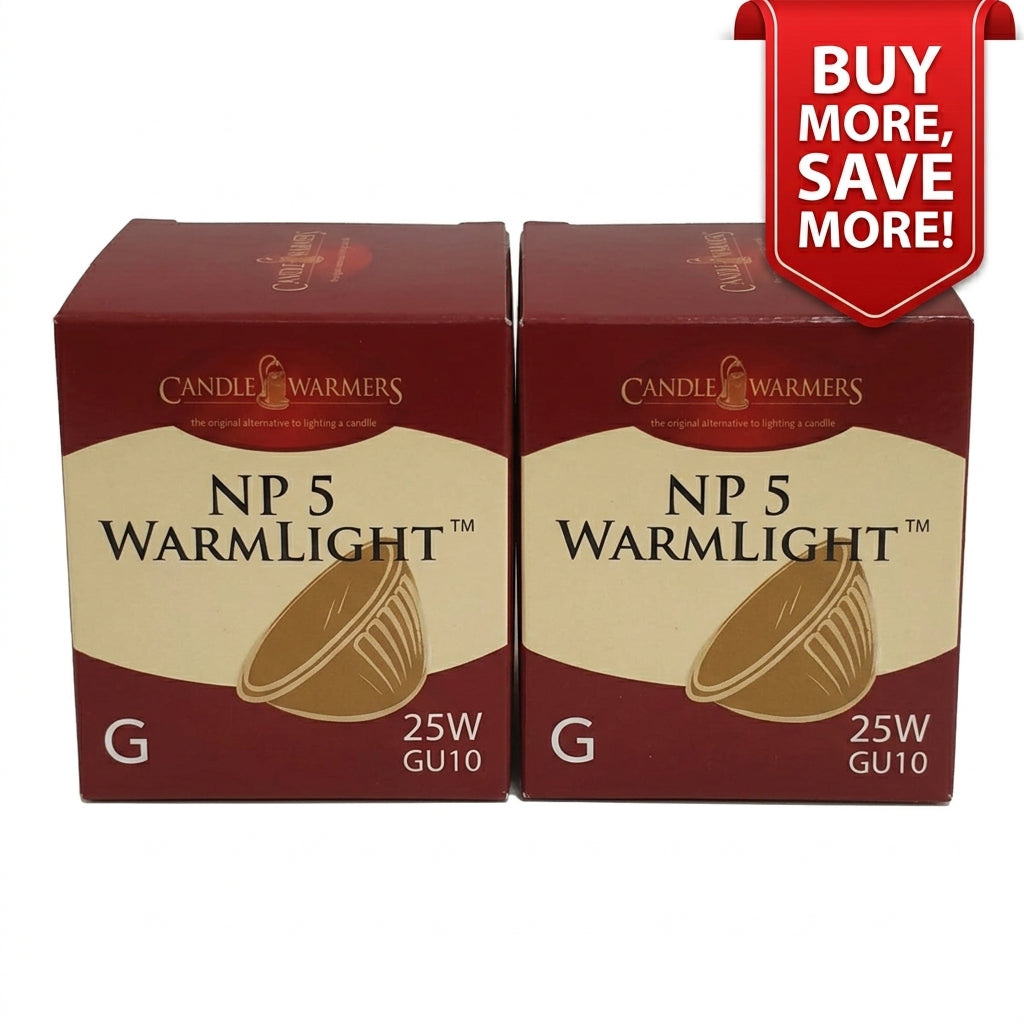 Two pieces of Candle Warmers NP 5 Warmlight G 25W GU10 warm candle lights shown side by side on a white background, with a red 'BUY MORE, SAVE MORE!' promotional ribbon in the top right corner.