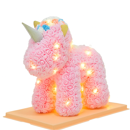 Rose Unicorn 40cm Pink with Rainbow Top, w/ lights & Transparent Box